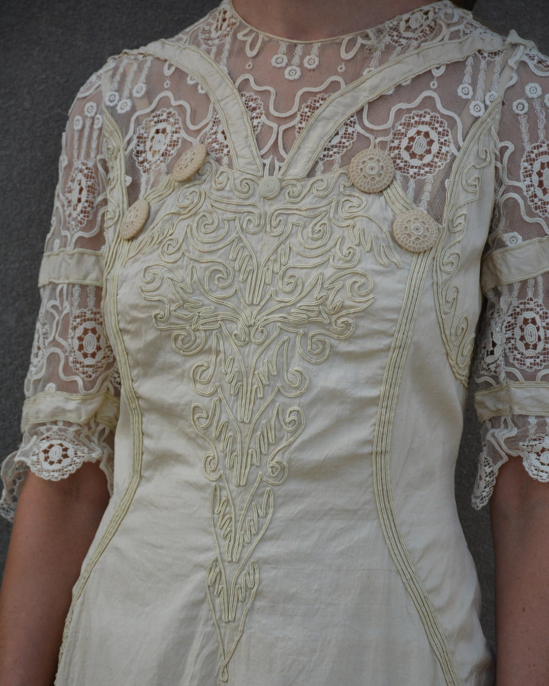 Antique Cotton and Lace Dress with Soutache Appliqué, circa 1910