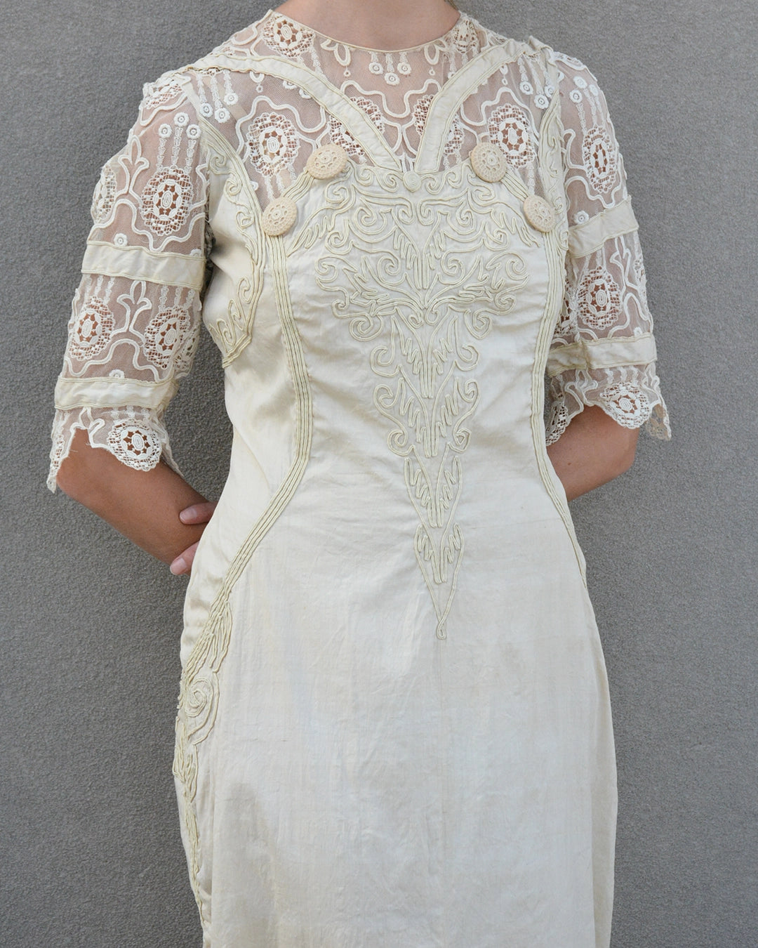 Antique Cotton and Lace Dress with Soutache Appliqué, circa 1910