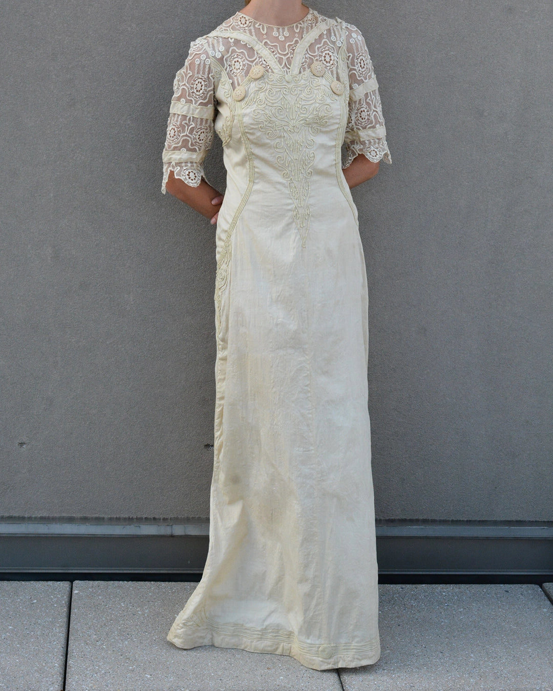 Antique Cotton and Lace Dress with Soutache Appliqué, circa 1910