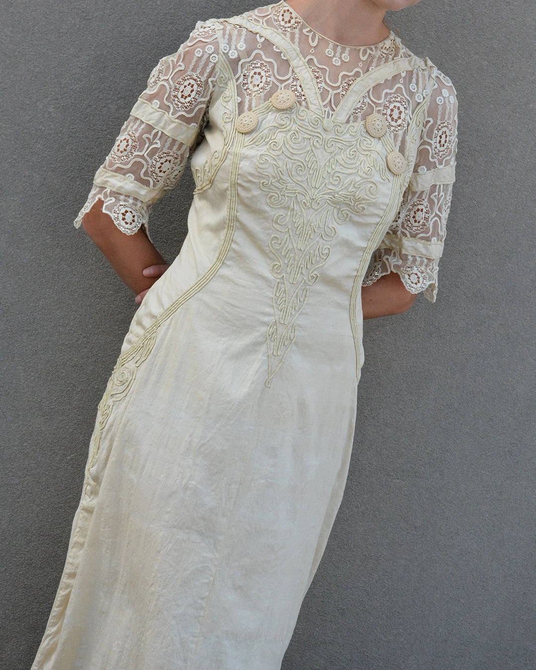 Antique Cotton and Lace Dress with Soutache Appliqué, circa 1910