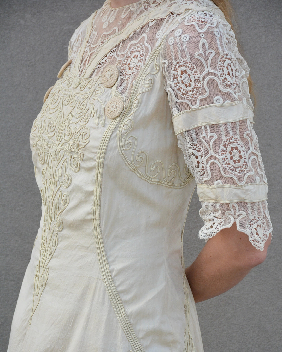 Antique Cotton and Lace Dress with Soutache Appliqué, circa 1910