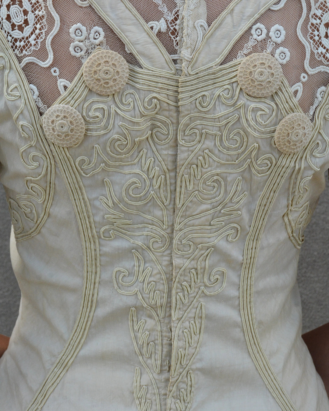 Antique Cotton and Lace Dress with Soutache Appliqué, circa 1910