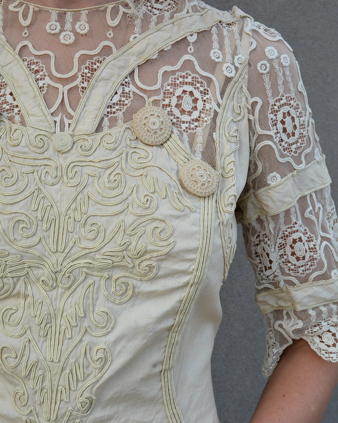 Antique Cotton and Lace Dress with Soutache Appliqué, circa 1910