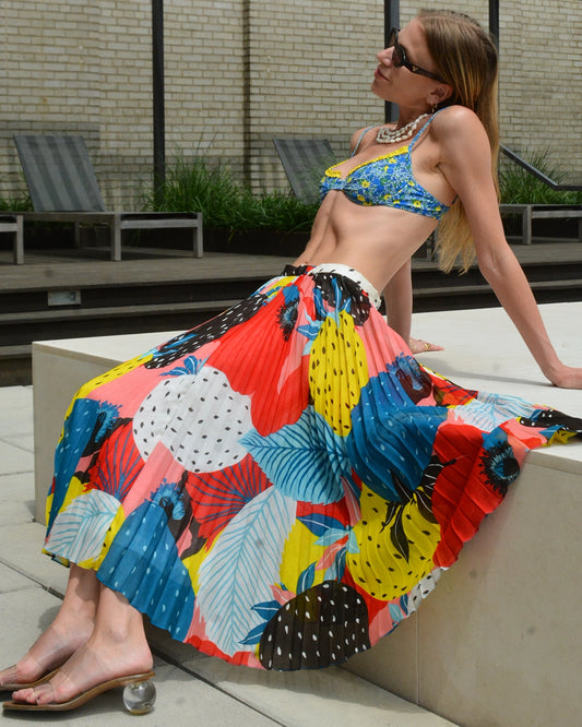 Vintage French Abstract Fruit Print Sunray Pleated Cotton Skirt