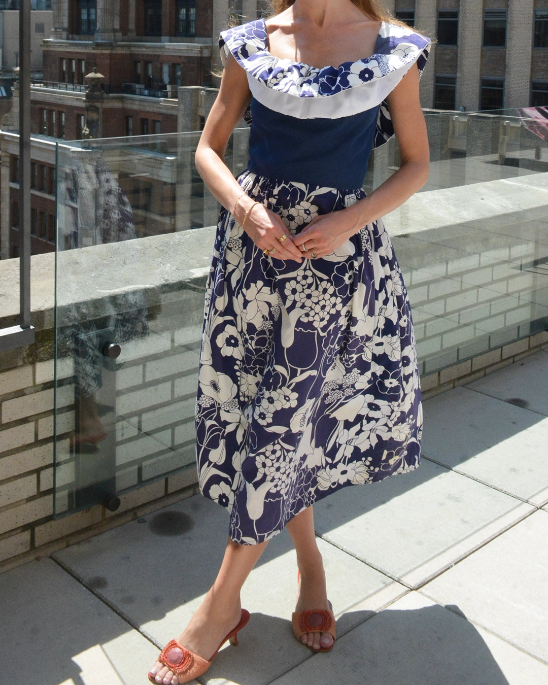 Vintage Off-the-Shoulder Flounce Neckline Dress with Matching Fringed Shawl
