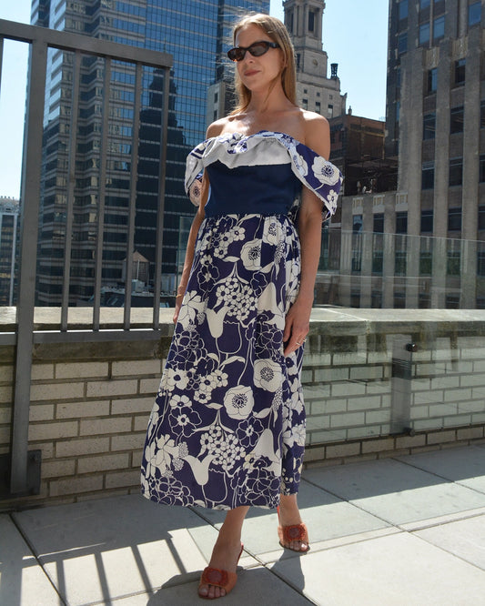 Vintage Off-the-Shoulder Flounce Neckline Dress with Matching Fringed Shawl