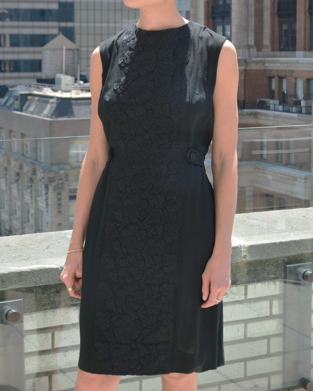 Vintage 1960s Floral Embroidered Black Sheath Dress