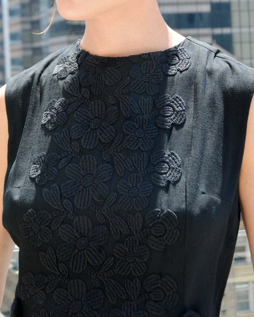 Vintage 1960s Floral Embroidered Black Sheath Dress