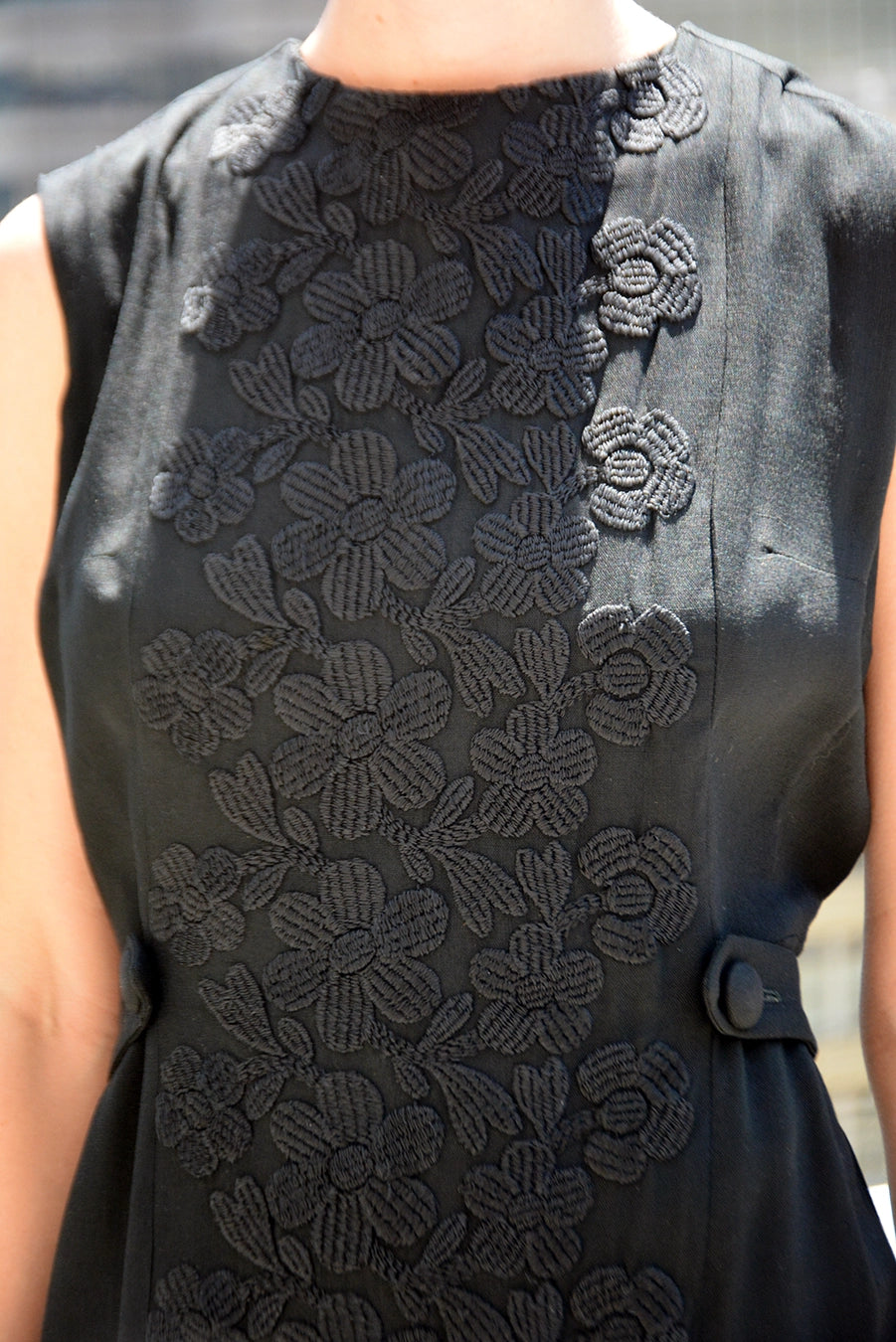 Vintage 1960s Floral Embroidered Black Sheath Dress