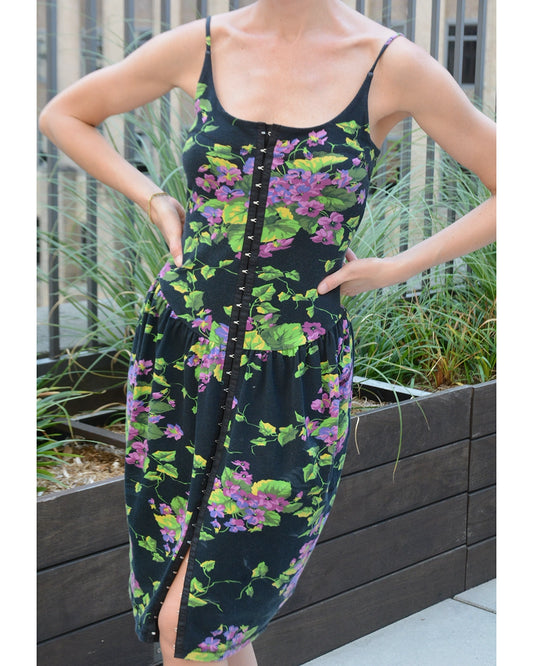 Vintage Betsey Johnson Spring 2004 Floral Jersey Dress with Corset-Style Bodice