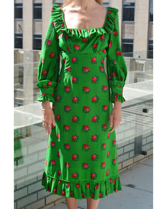 Vintage 1960s Floral Print Dress with Flounce Square Neckline