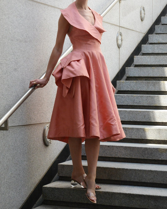 Vintage 1950s Silk Portrait Collar Halter Dress