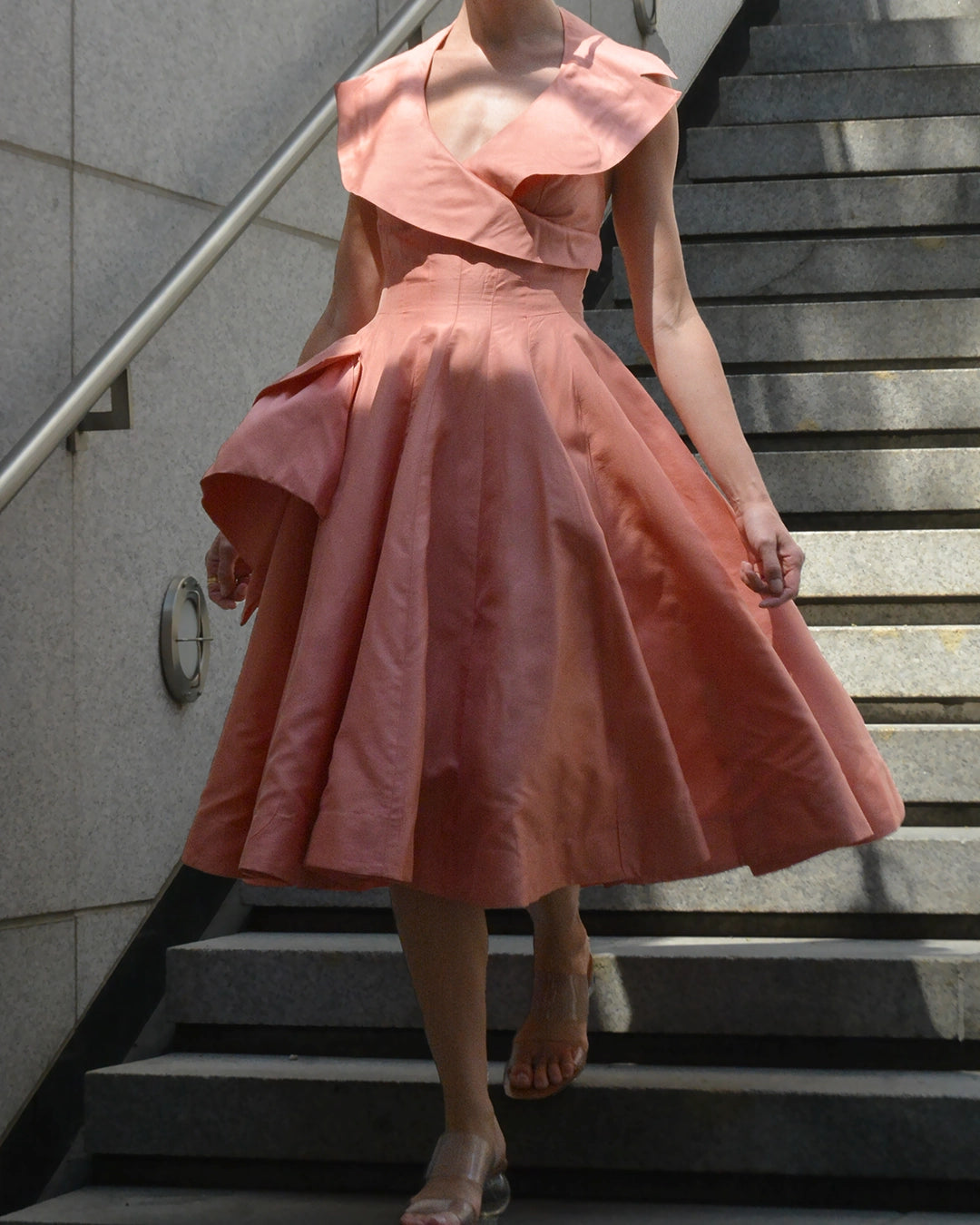Vintage 1950s Silk Portrait Collar Halter Dress