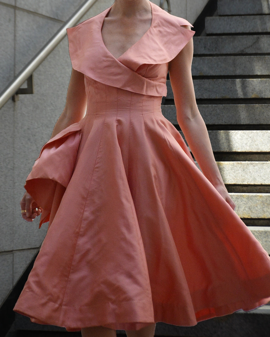 Vintage 1950s Silk Portrait Collar Halter Dress