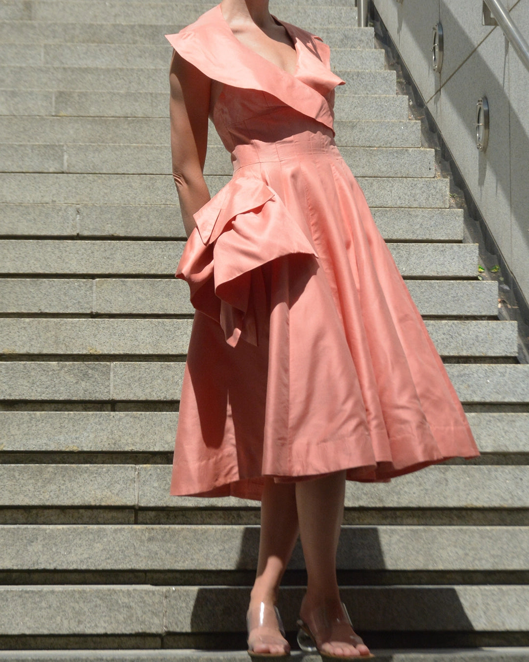 Vintage 1950s Silk Portrait Collar Halter Dress