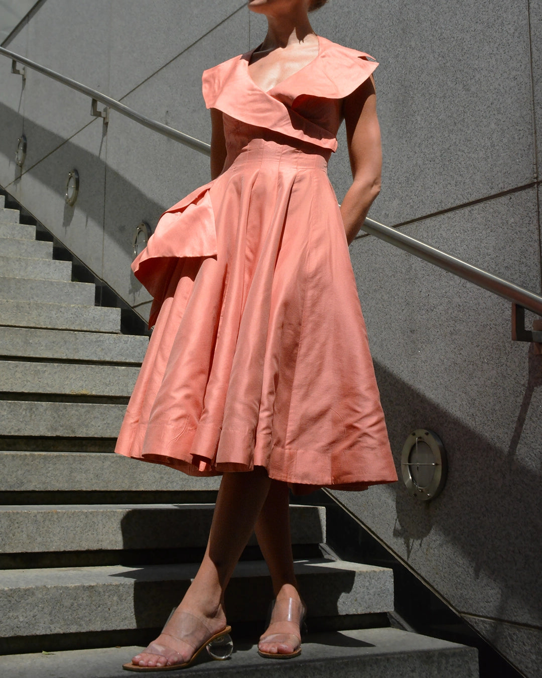Vintage 1950s Silk Portrait Collar Halter Dress