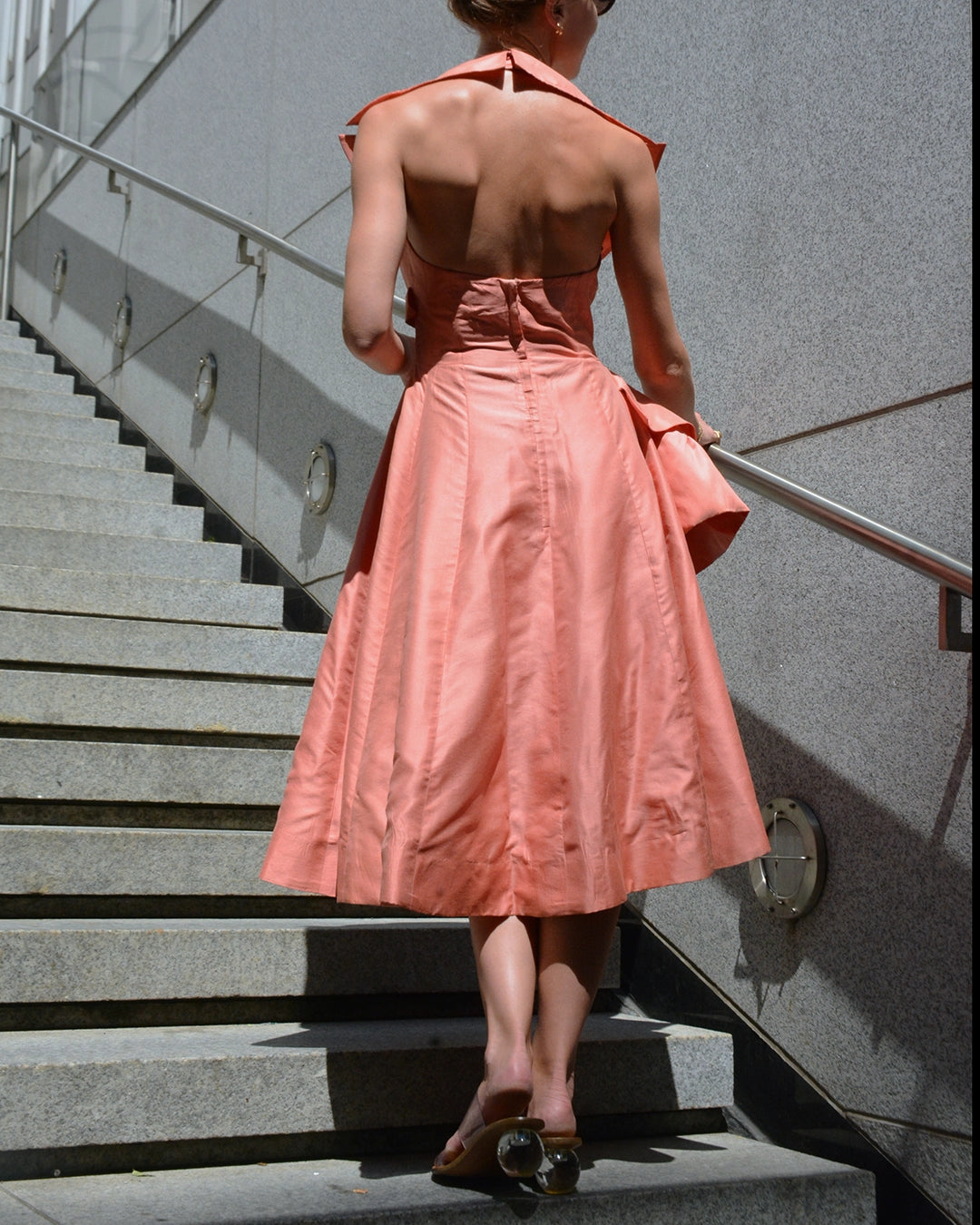 Vintage 1950s Silk Portrait Collar Halter Dress