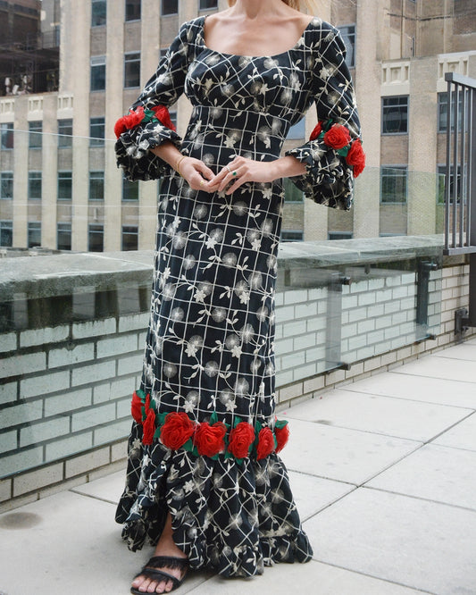 Vintage 1960s Floral-Appliqué Embroidered Gown