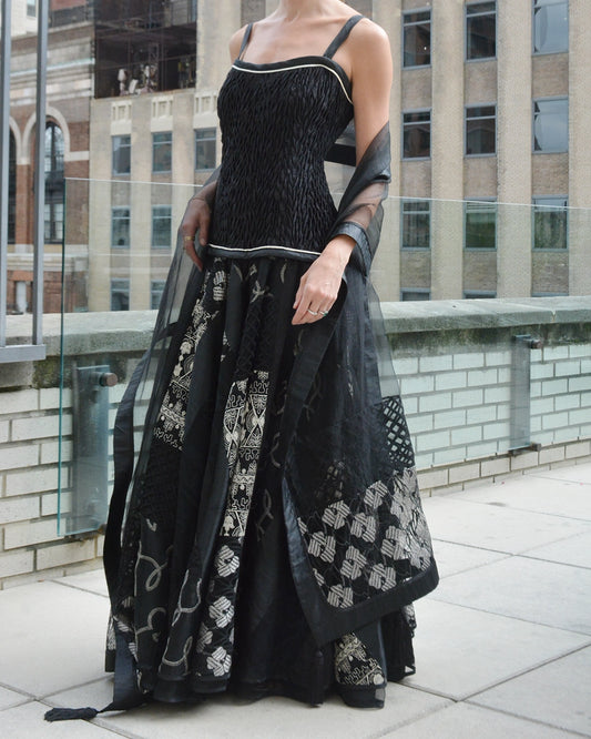 1980s Designer Vintage Shirred Drop Waist Patchwork Gown with Matching Shawl