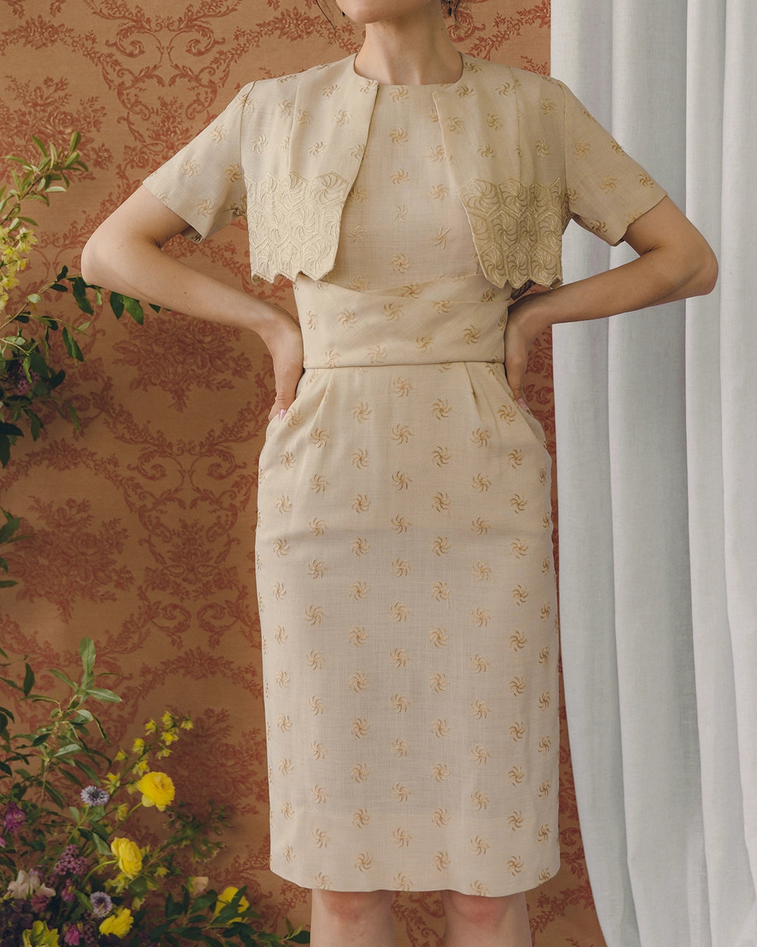 Vintage 1960s Hand-Embroidered Wiggle Dress With Matching Bolero