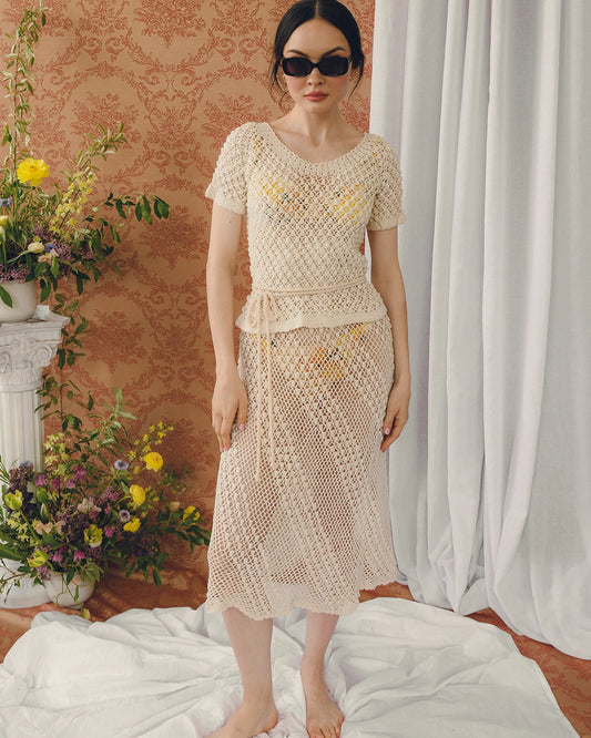 Vintage Ivory Hand-Crochet Belted Skirt Set