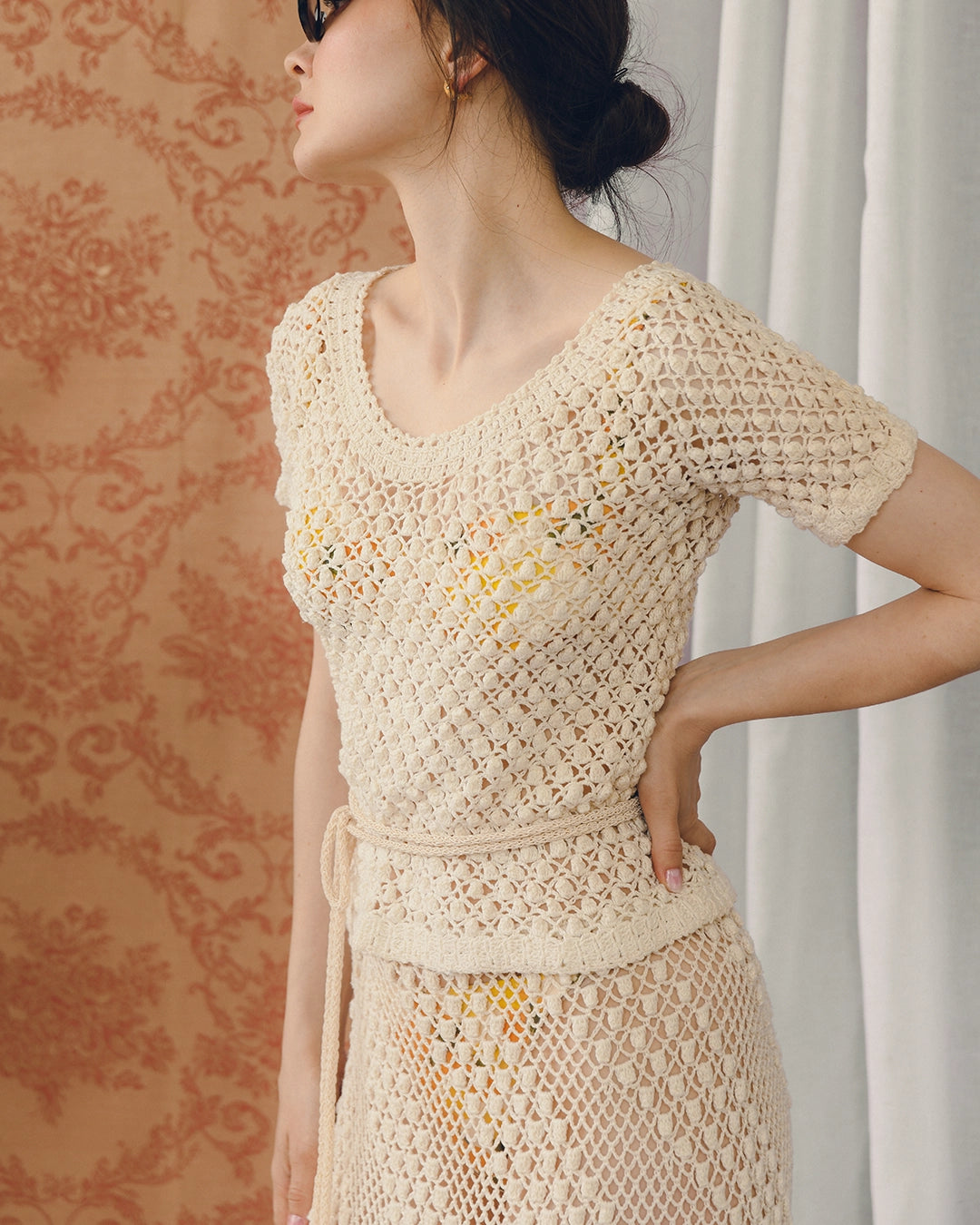 Vintage Ivory Hand-Crochet Belted Skirt Set