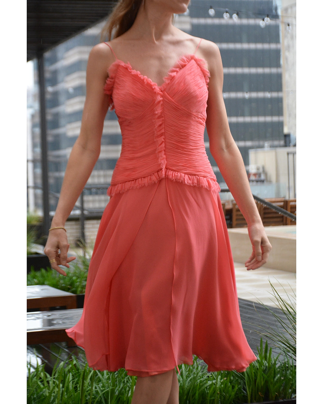 Vintage Ruched Bodice Silk Chiffon Cocktail Dress with Bias-Cut Flutter Skirt