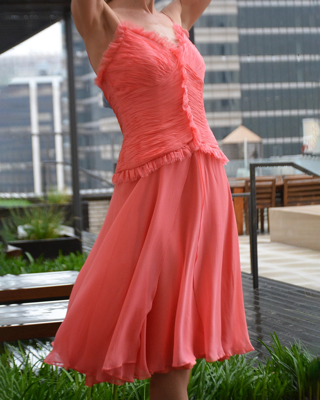 Vintage Ruched Bodice Silk Chiffon Cocktail Dress with Bias-Cut Flutter Skirt