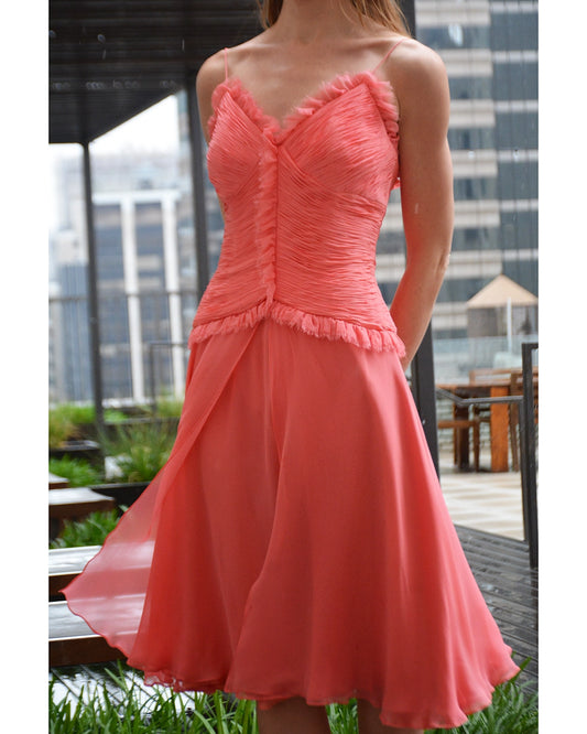 Vintage Ruched Bodice Silk Chiffon Cocktail Dress with Bias-Cut Flutter Skirt