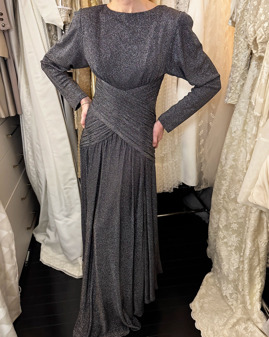 Designer Vintage 1980s Lurex Dress with Gathered Hourglass Waist Bodice