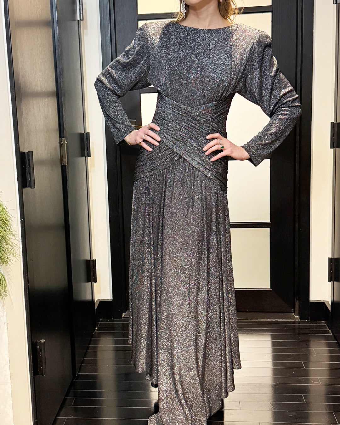 Designer Vintage 1980s Lurex Dress with Gathered Hourglass Waist Bodice