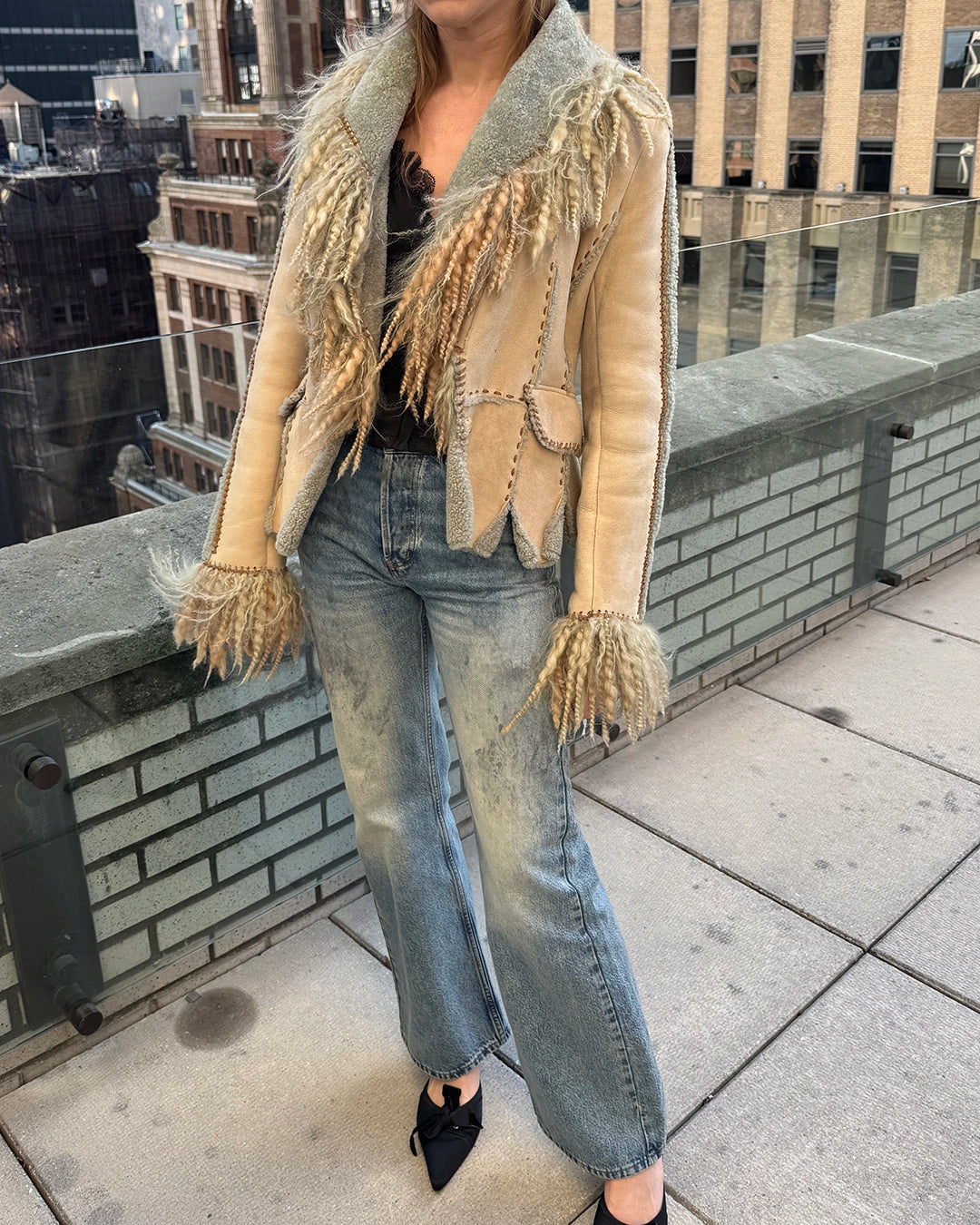 French Vintage Shearling Jacket with Mongolian Lamb Trim