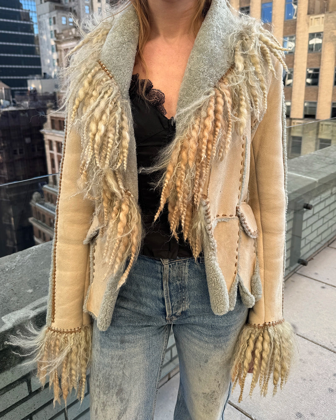 French Vintage Shearling Jacket with Mongolian Lamb Trim