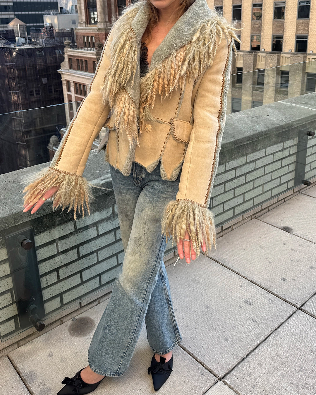 French Vintage Shearling Jacket with Mongolian Lamb Trim