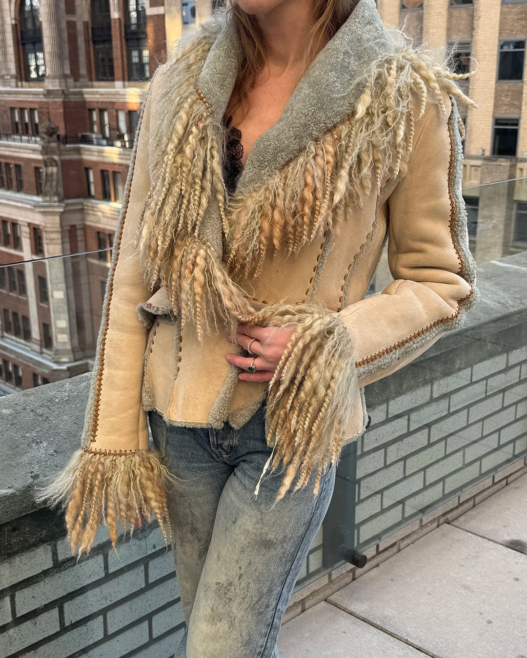 French Vintage Shearling Jacket with Mongolian Lamb Trim