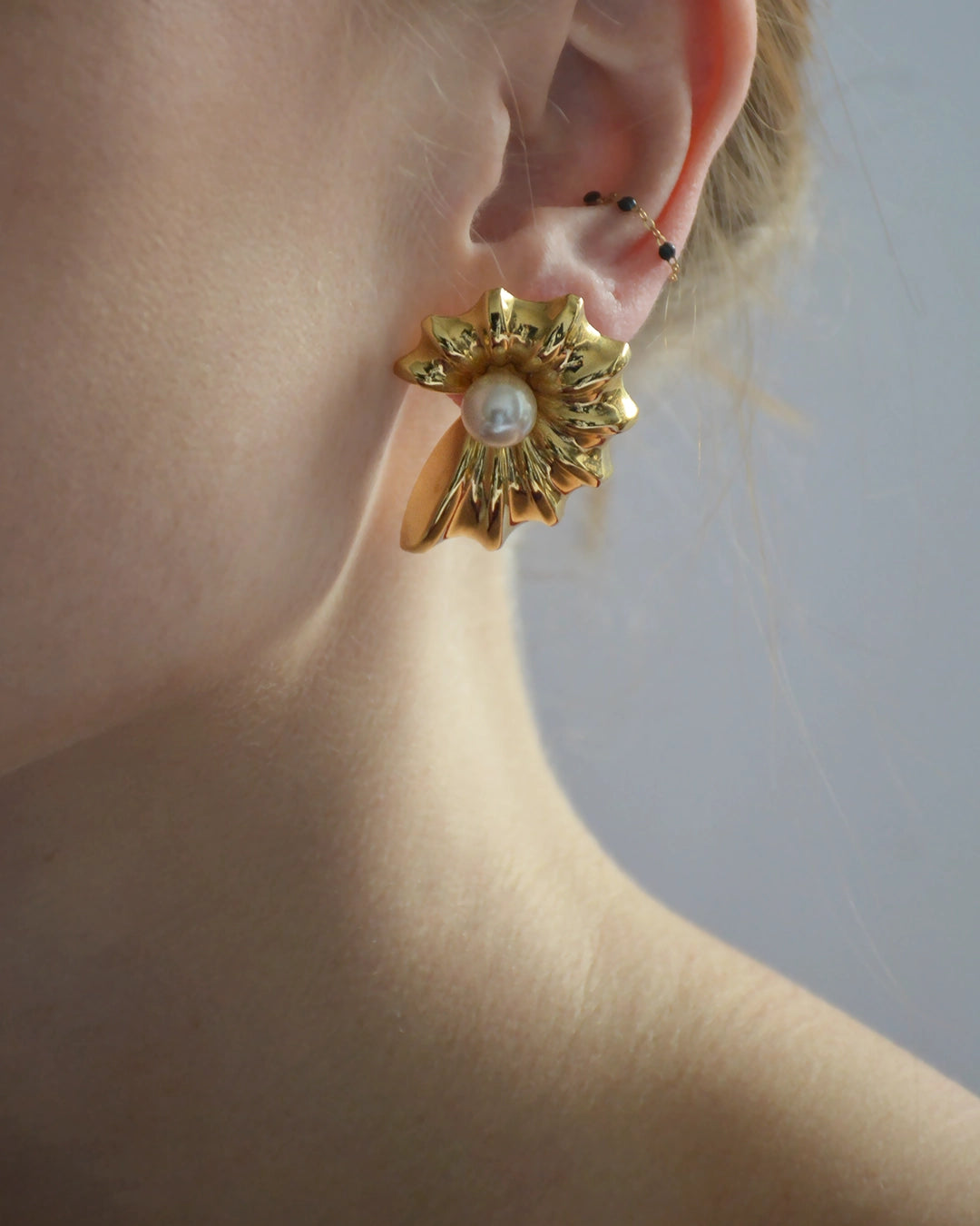 Gold And Pearl Spiral Shell Earrings