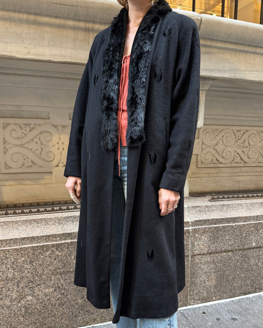 Vintage Embroidered Wool Mink-Trim Coat