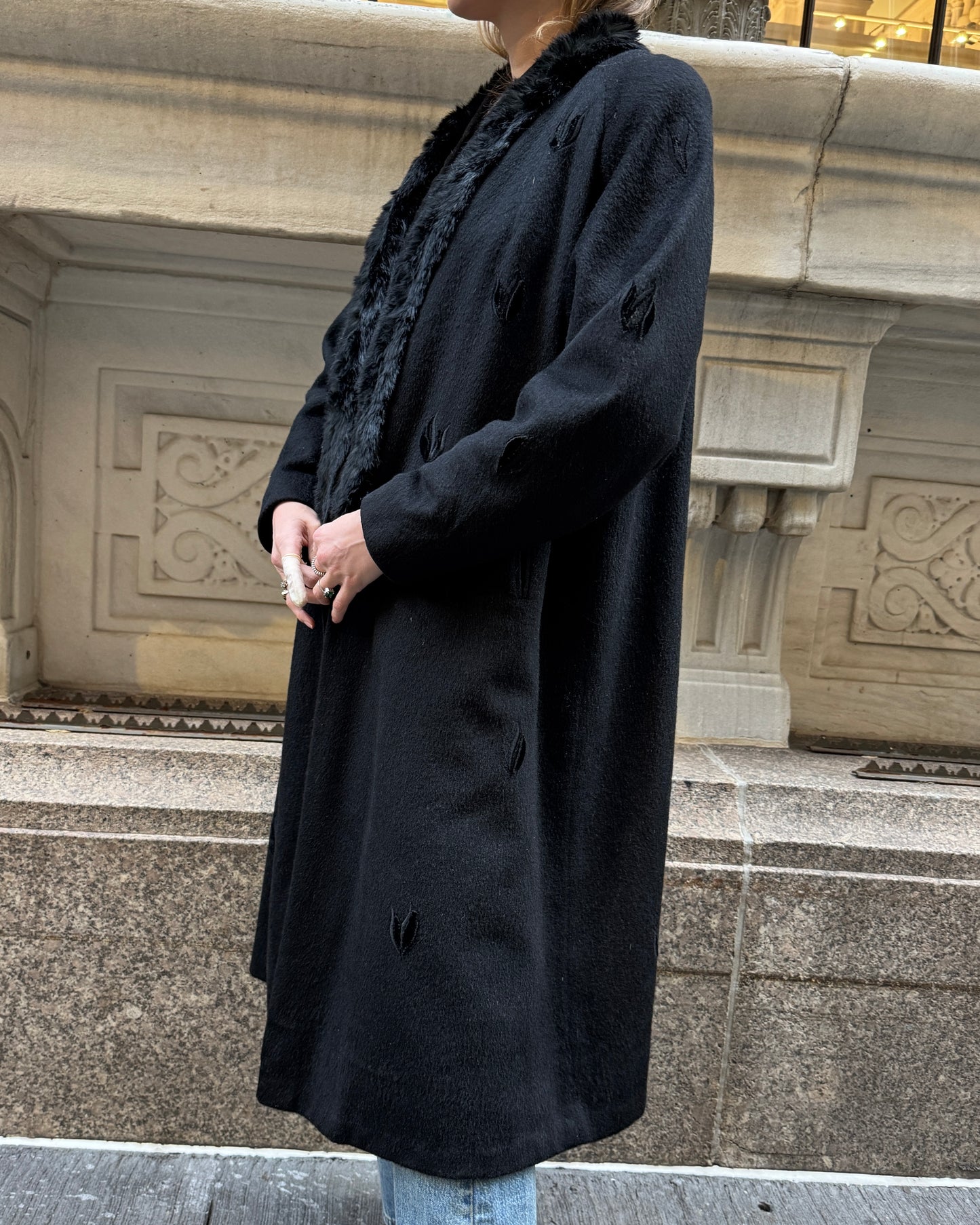 Vintage Embroidered Wool Mink-Trim Coat