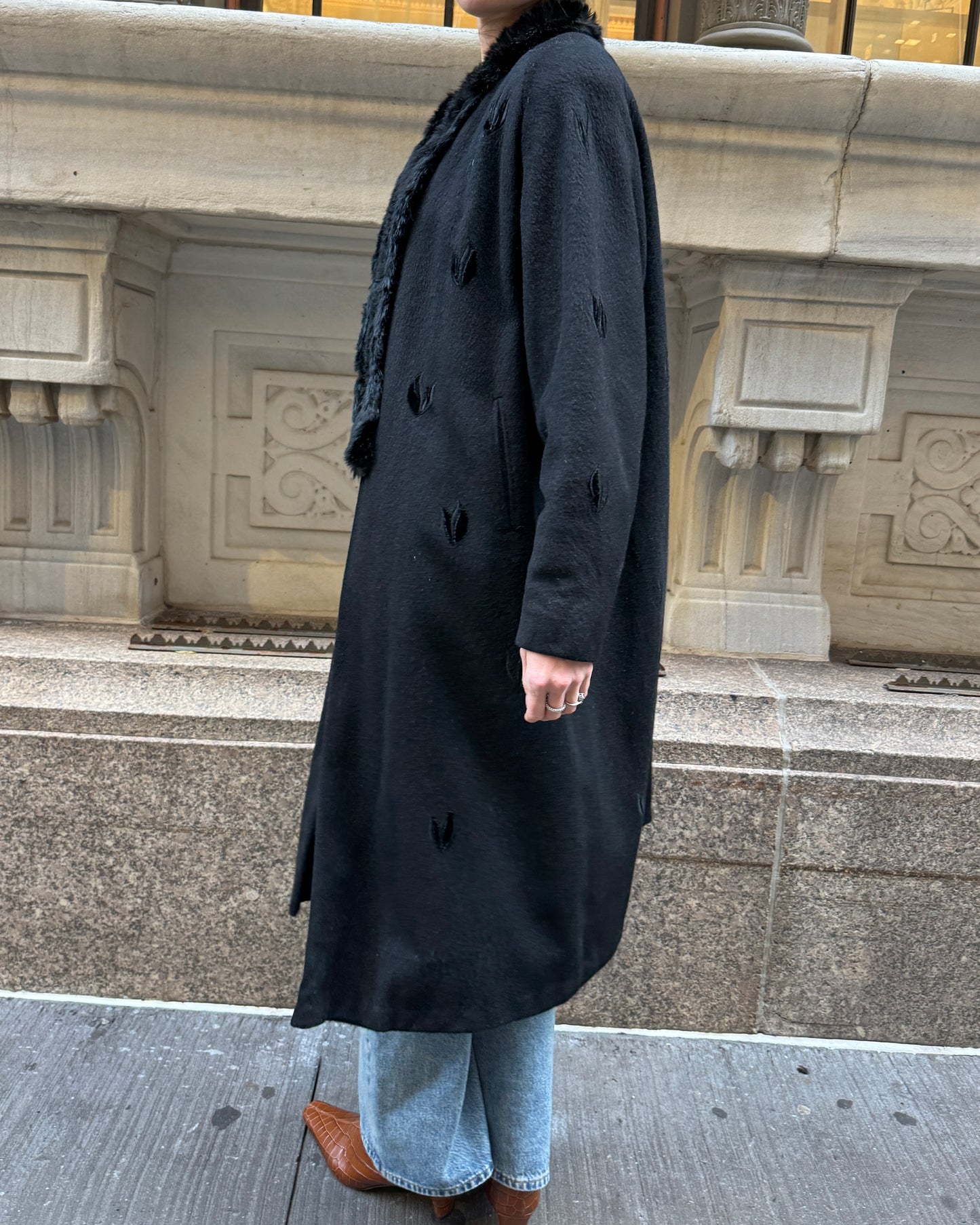 Vintage Embroidered Wool Mink-Trim Coat