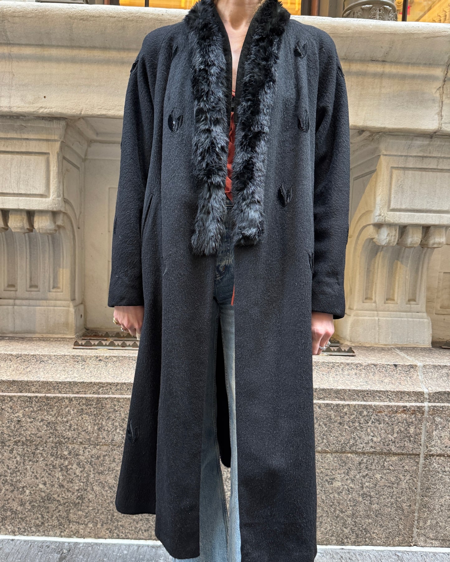 Vintage Embroidered Wool Mink-Trim Coat