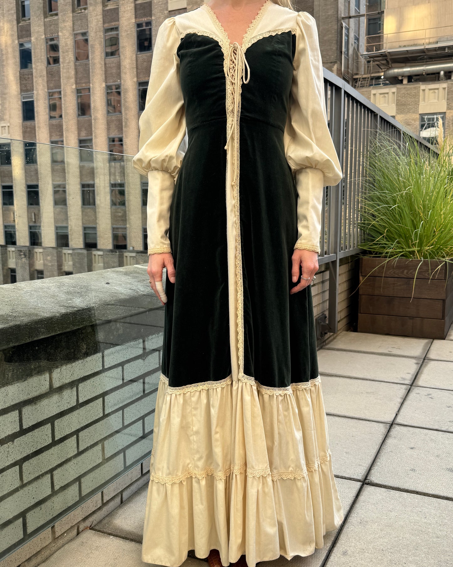 Vintage 1970s Gunne Sax Velvet-Inset Maxidress with Lace-Up Detail