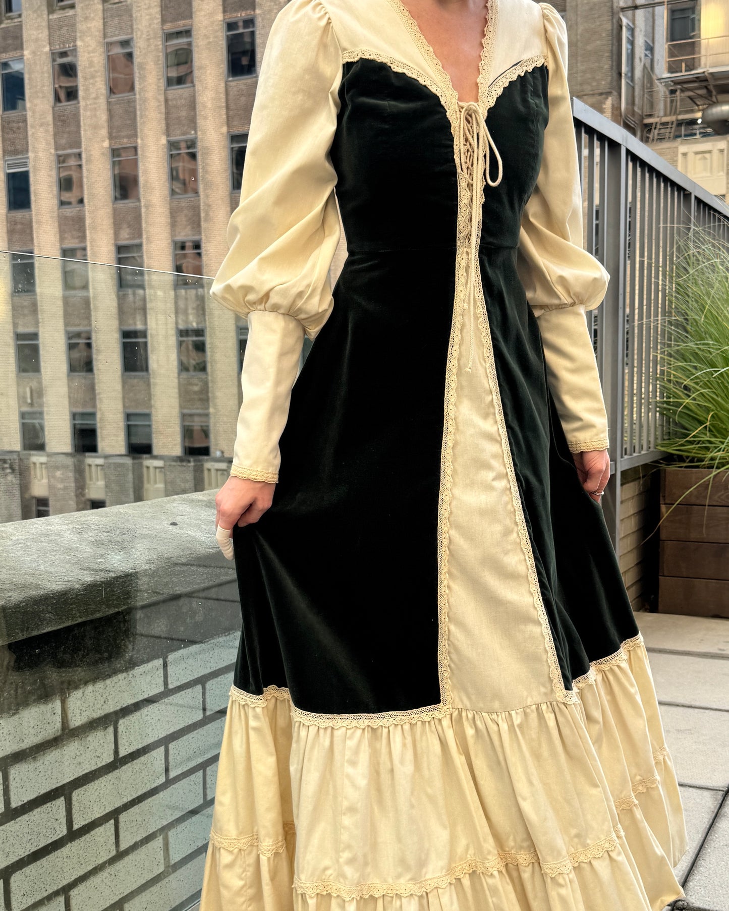 Vintage 1970s Gunne Sax Velvet-Inset Maxidress with Lace-Up Detail