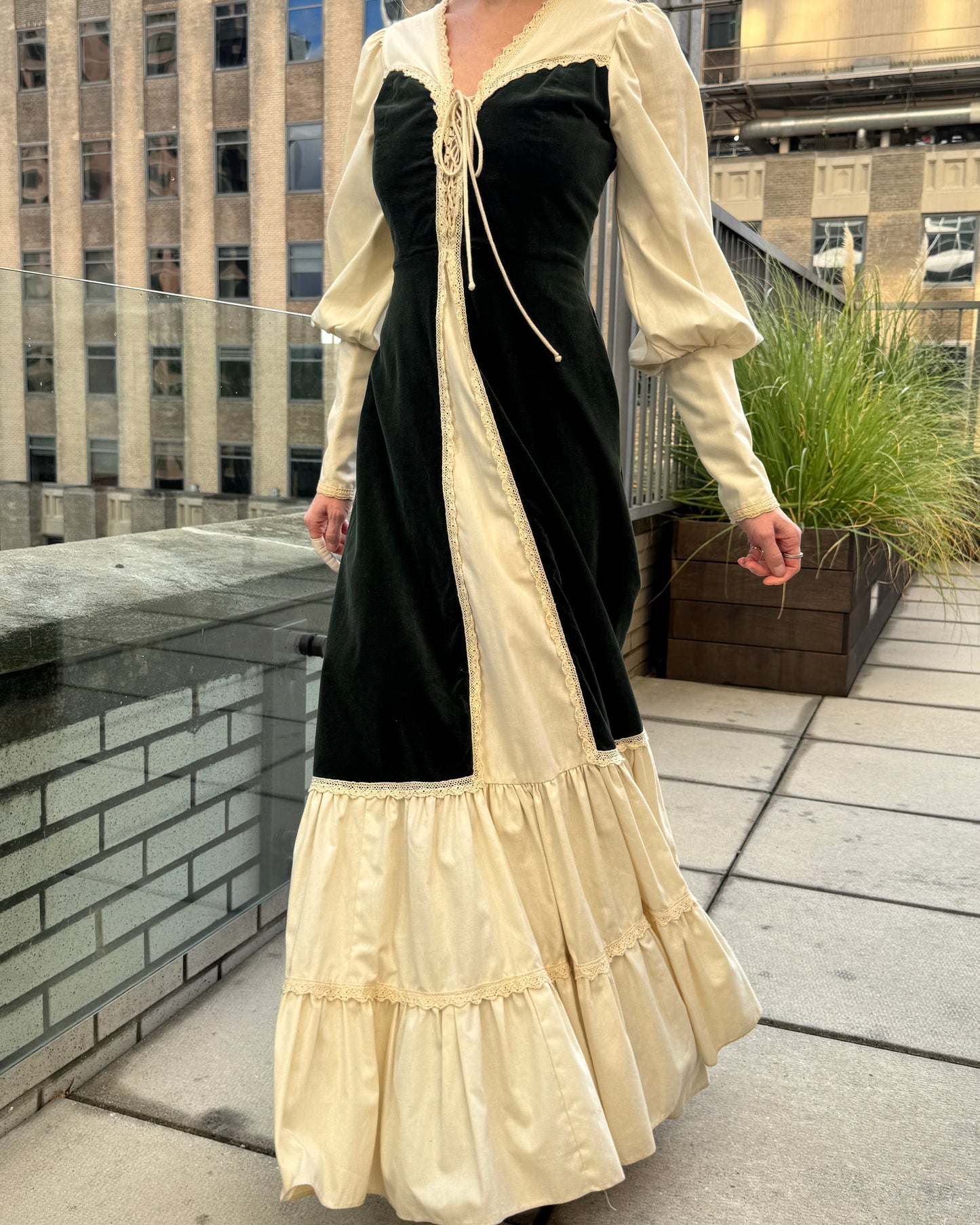 Vintage 1970s Gunne Sax Velvet-Inset Maxidress with Lace-Up Detail