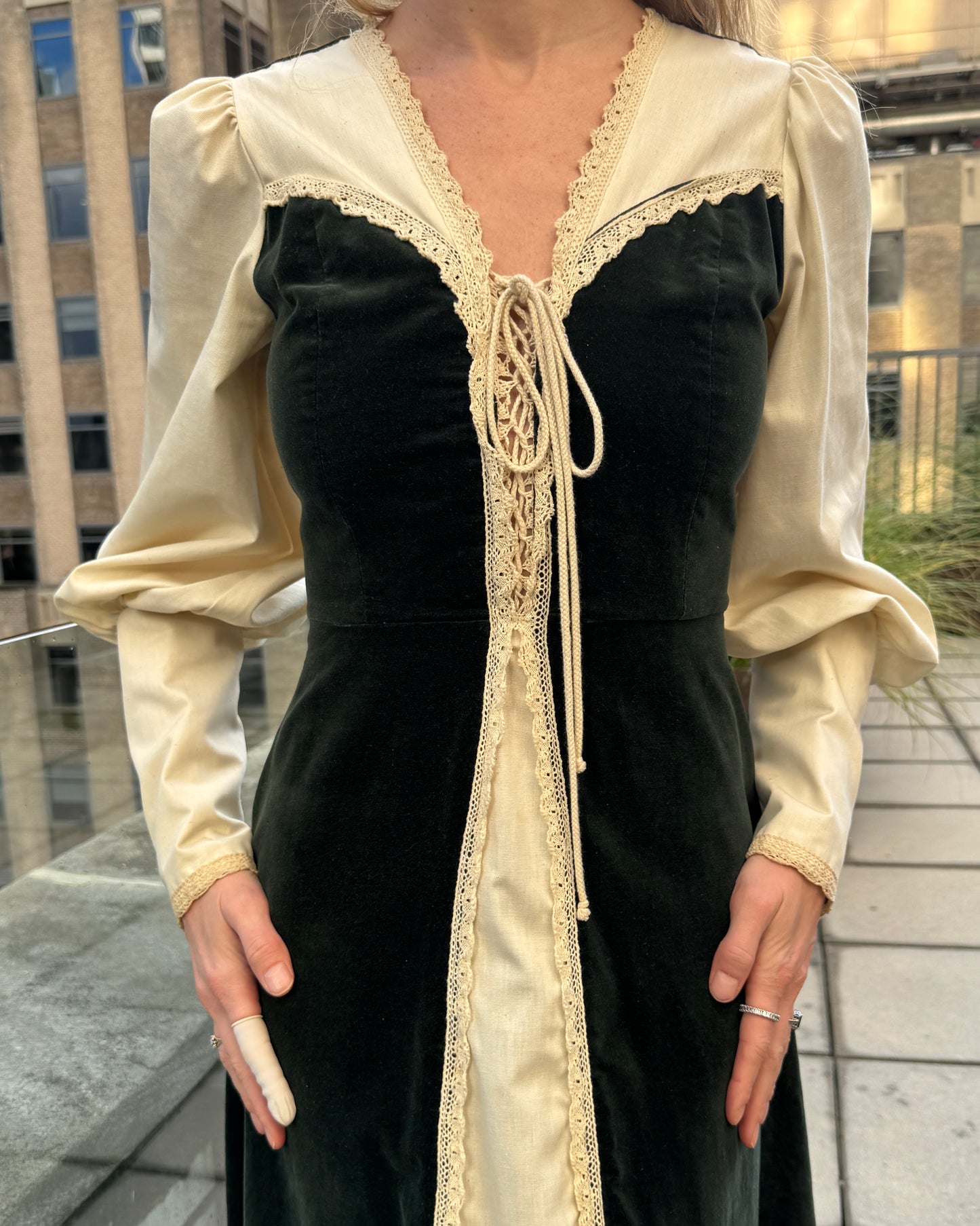 Vintage 1970s Gunne Sax Velvet-Inset Maxidress with Lace-Up Detail