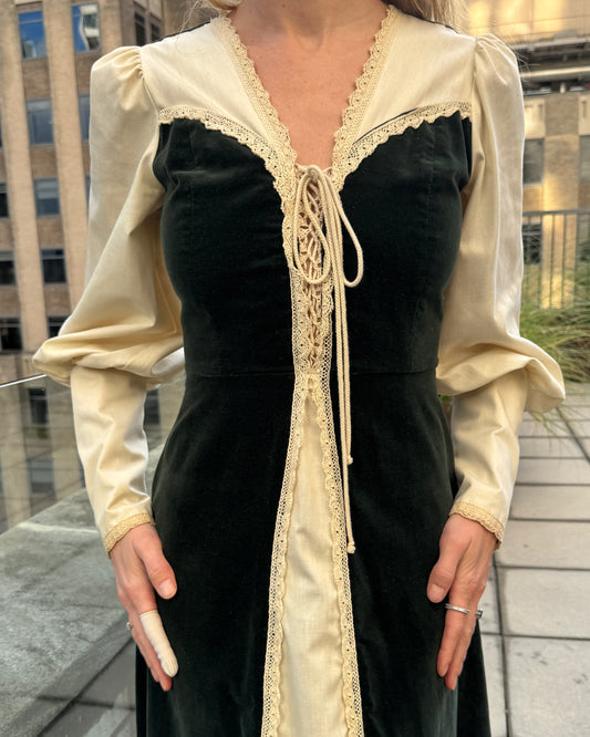 Vintage 1970s Gunne Sax Velvet-Inset Maxidress with Lace-Up Detail