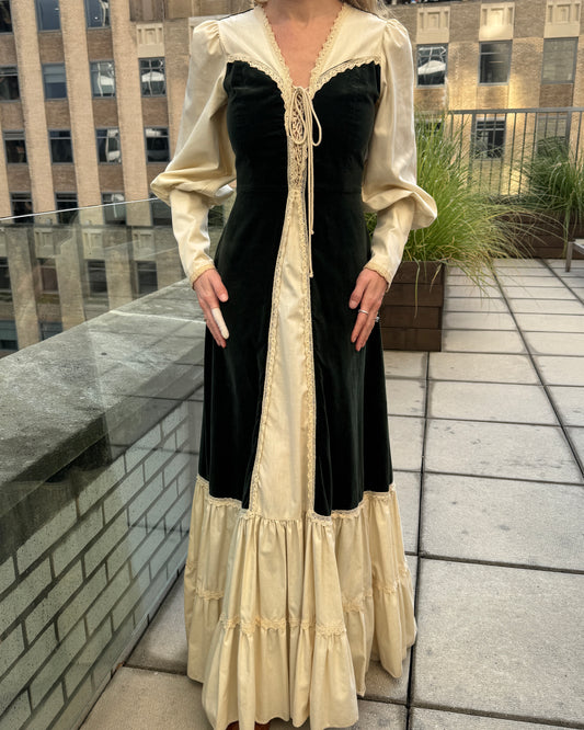 Vintage 1970s Gunne Sax Velvet-Inset Maxidress with Lace-Up Detail
