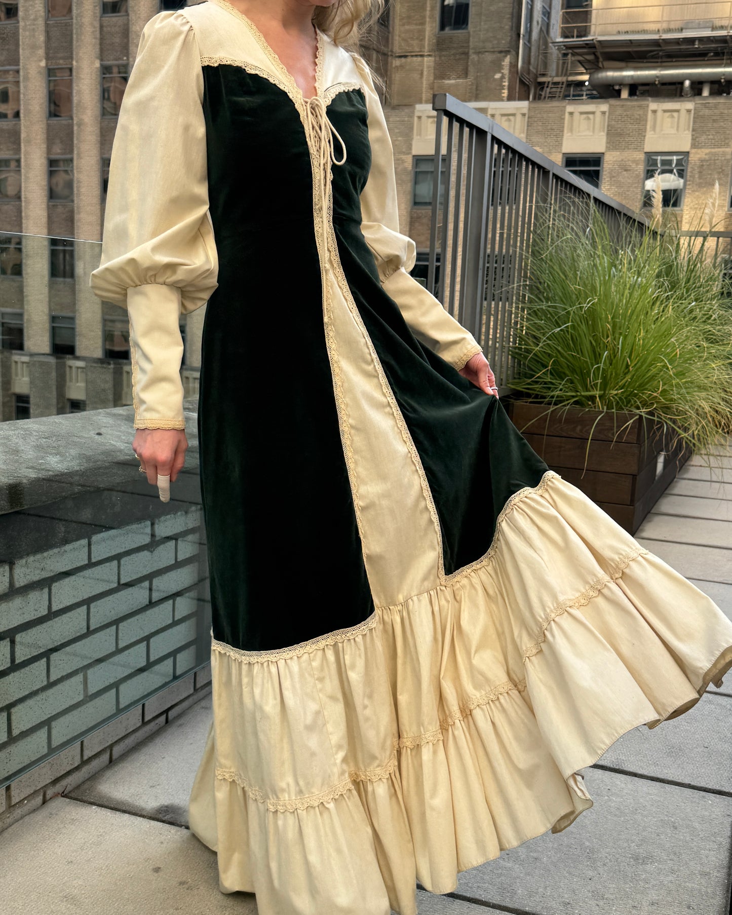 Vintage 1970s Gunne Sax Velvet-Inset Maxidress with Lace-Up Detail