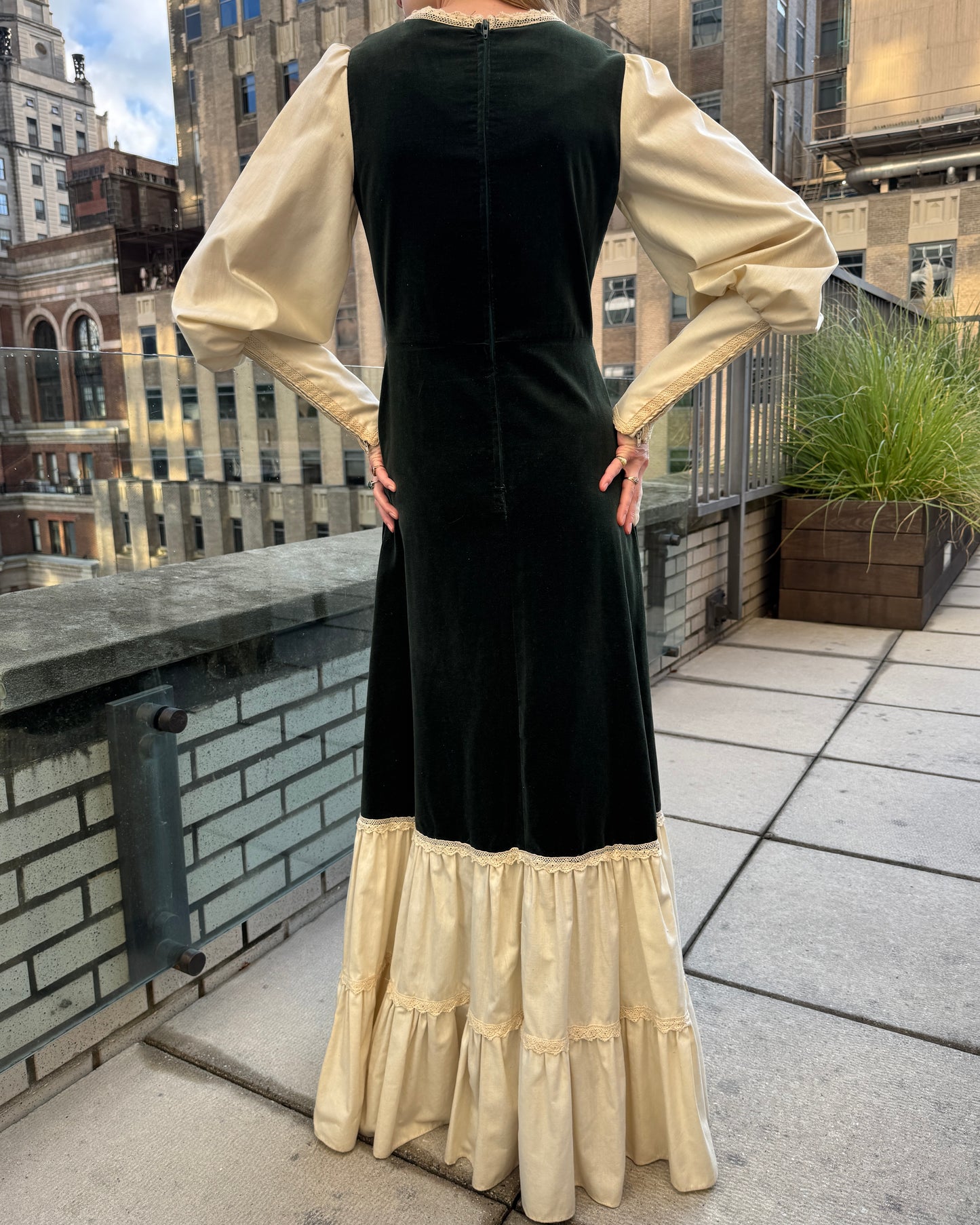 Vintage 1970s Gunne Sax Velvet-Inset Maxidress with Lace-Up Detail