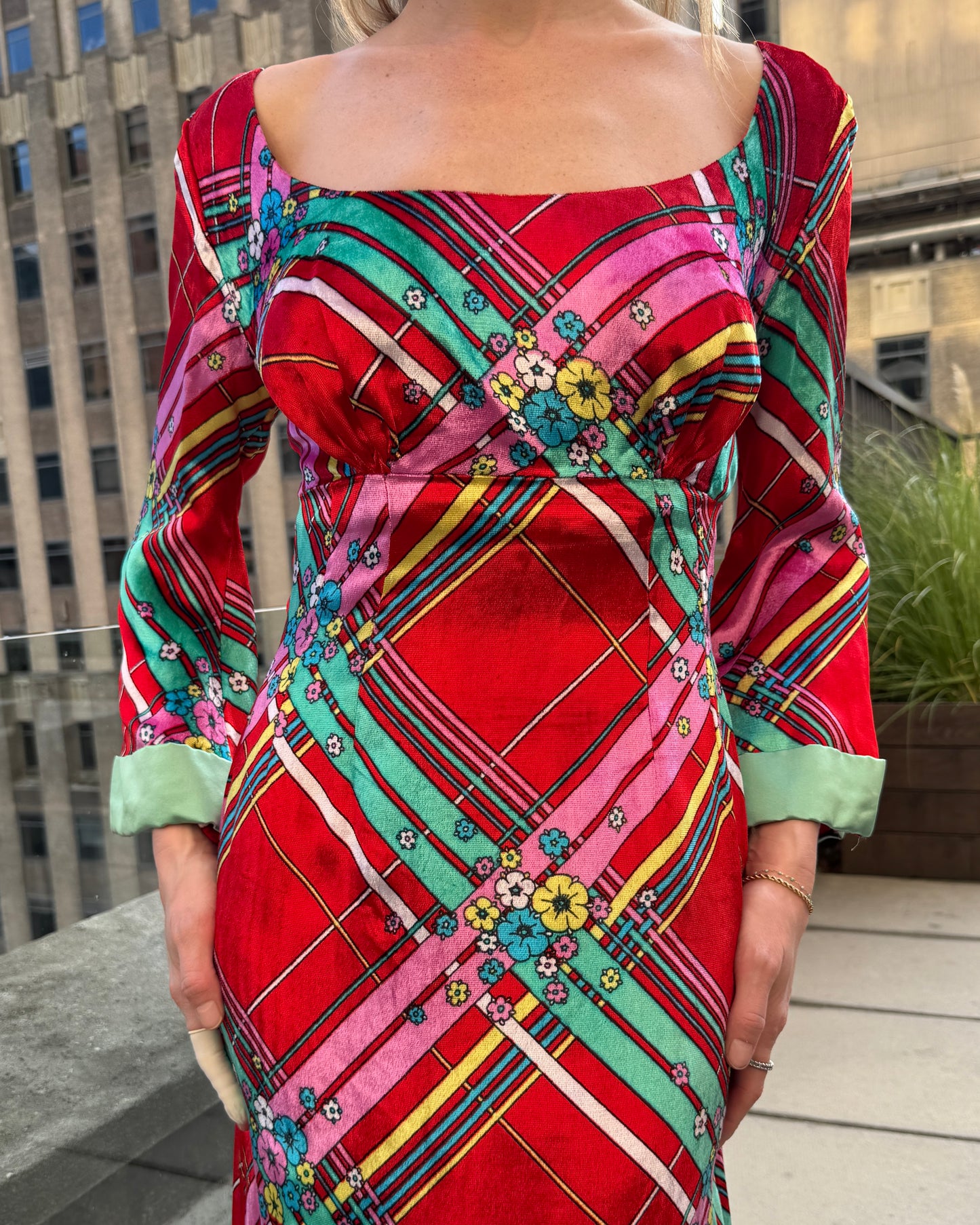 Vintage 1970s Couture Floral Plaid Velvet Gown