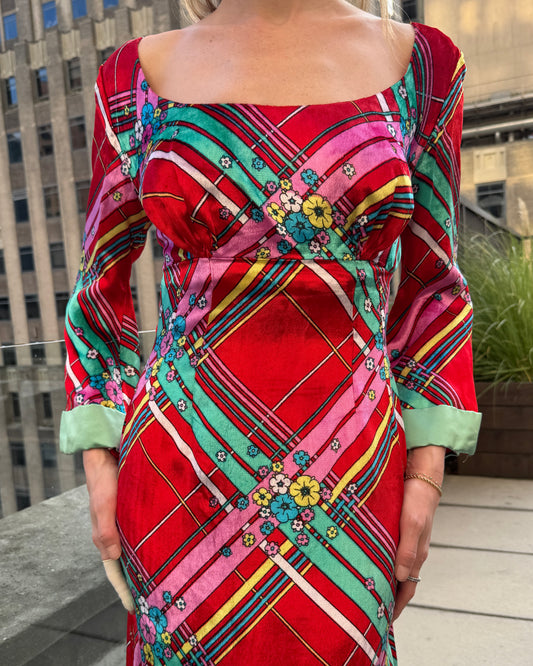 Vintage 1970s Couture Floral Plaid Velvet Gown